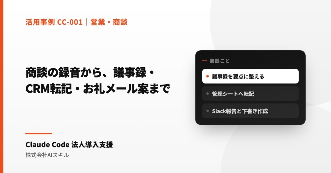 商談の録音から、議事録・CRM転記・お礼メール案までを一続きにする