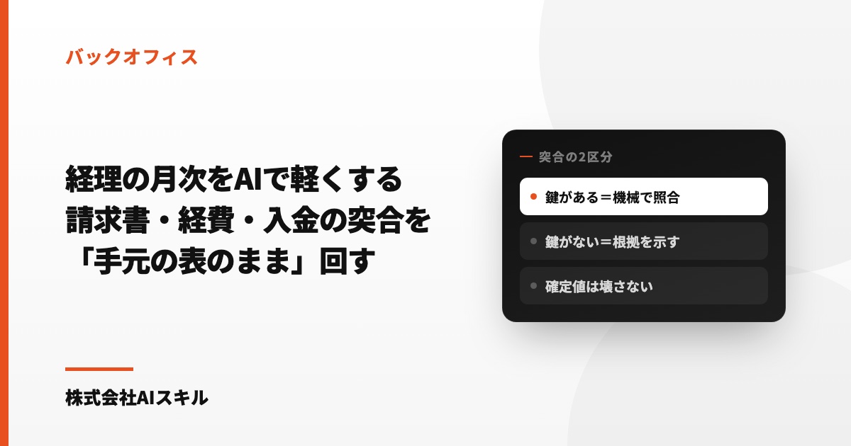 経理の月次をAIで軽くする｜請求書・経費・入金の突合をClaude Codeで「手元の表のまま」回す