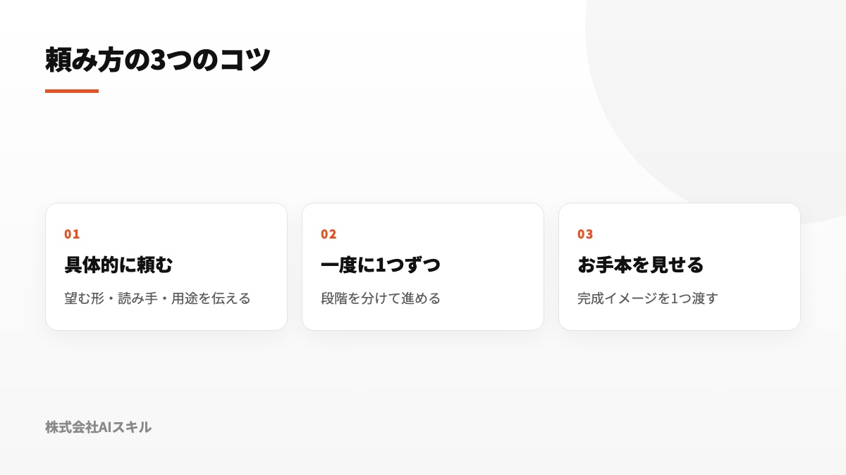 頼み方の3つのコツ：具体的に頼む・1つずつ頼む・お手本を見せる