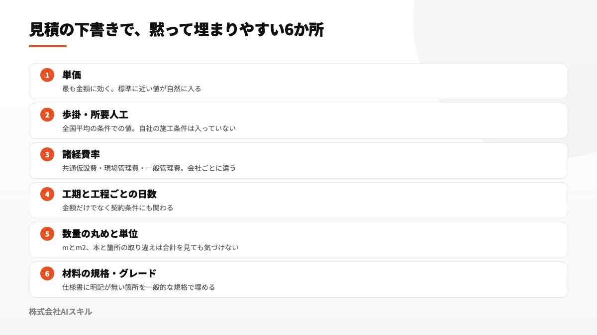 見積下書きでAIが推測によって補いやすい6項目を整理した図